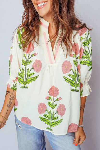 Sky Blue Casual Wild Flower Print V Neck 3/4 Sleeve Blouse Nataliz
