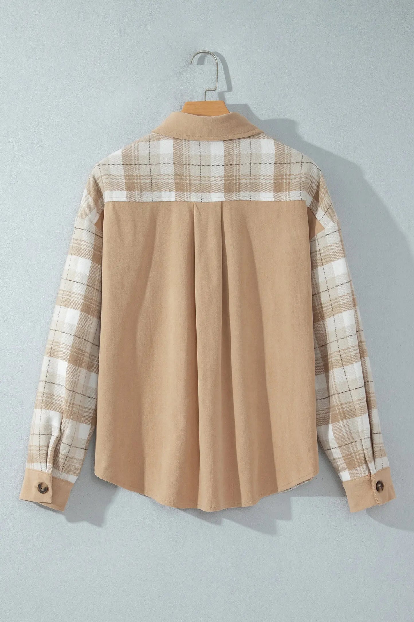 Light French Beige Plaid Colorblock Shirt Collar Shift Shacket