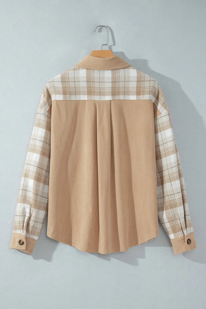 Light French Beige Plaid Colorblock Shirt Collar Shift Shacket