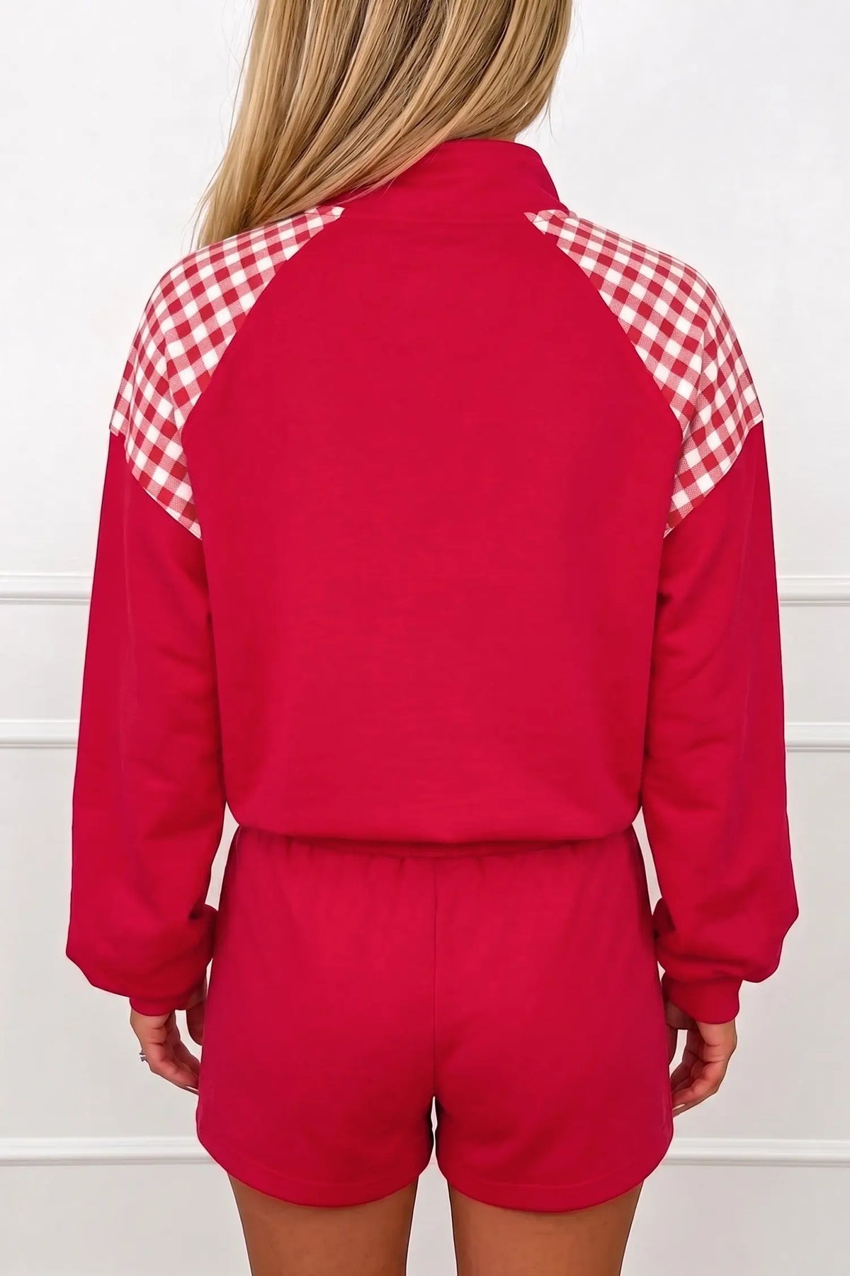 Bright Green Plaid Patchwork Half Zip Pullover Drawstring Short Set