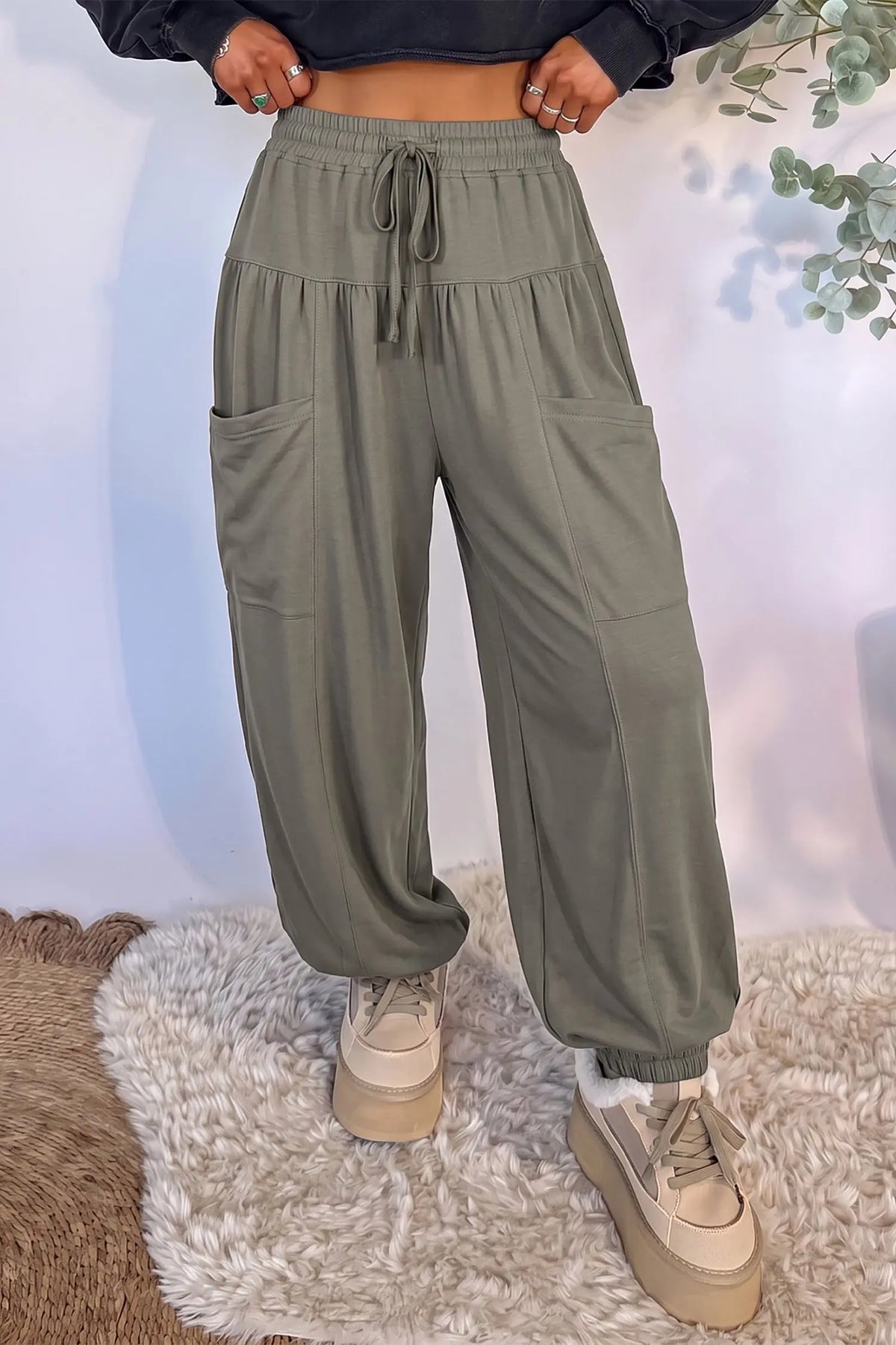 Dirty blue Elastic Waist Drawstring Wide Leg Full Length Pants