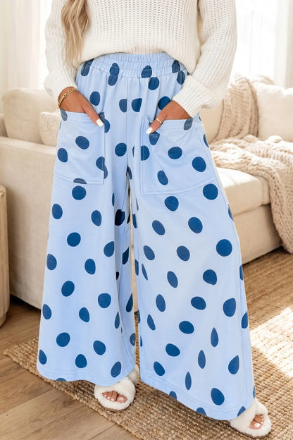 Brown Polka Dot Wide Leg Elastic Waist Casual Pants