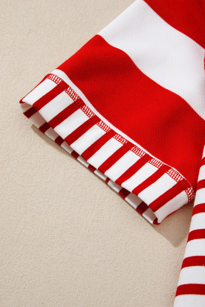 Red Stripe Sequin Bow Patriotic Half Sleeve Top - Tops
