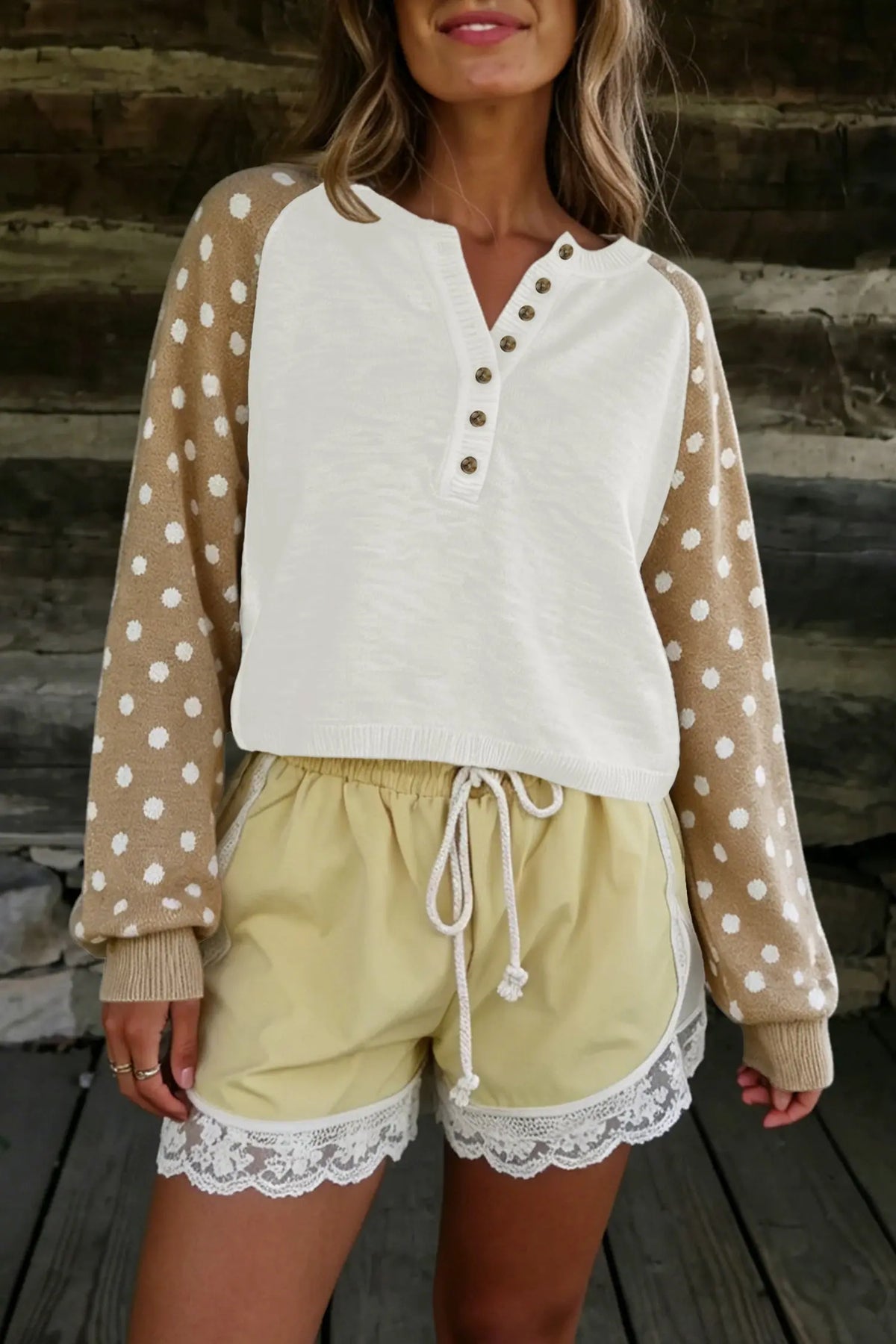 Khaki Polka Dot Contrast Long Sleeve Button V Neck Sweater model front view · nz-alt-v1