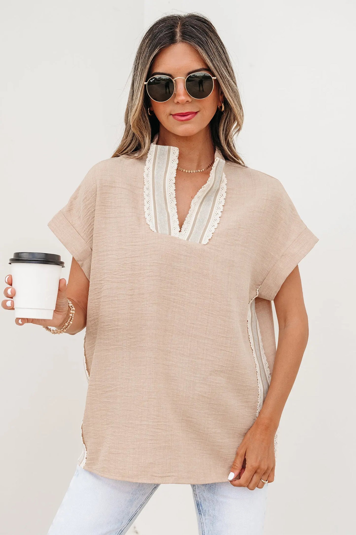 Parchment Crochet Lace Accent Pullover Rolled Short Sleeve Blouse Nataliz