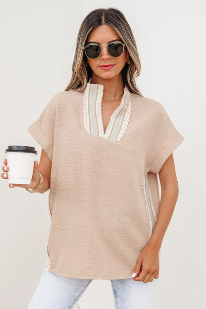 Parchment Crochet Lace Accent Pullover Rolled Short Sleeve Blouse Nataliz