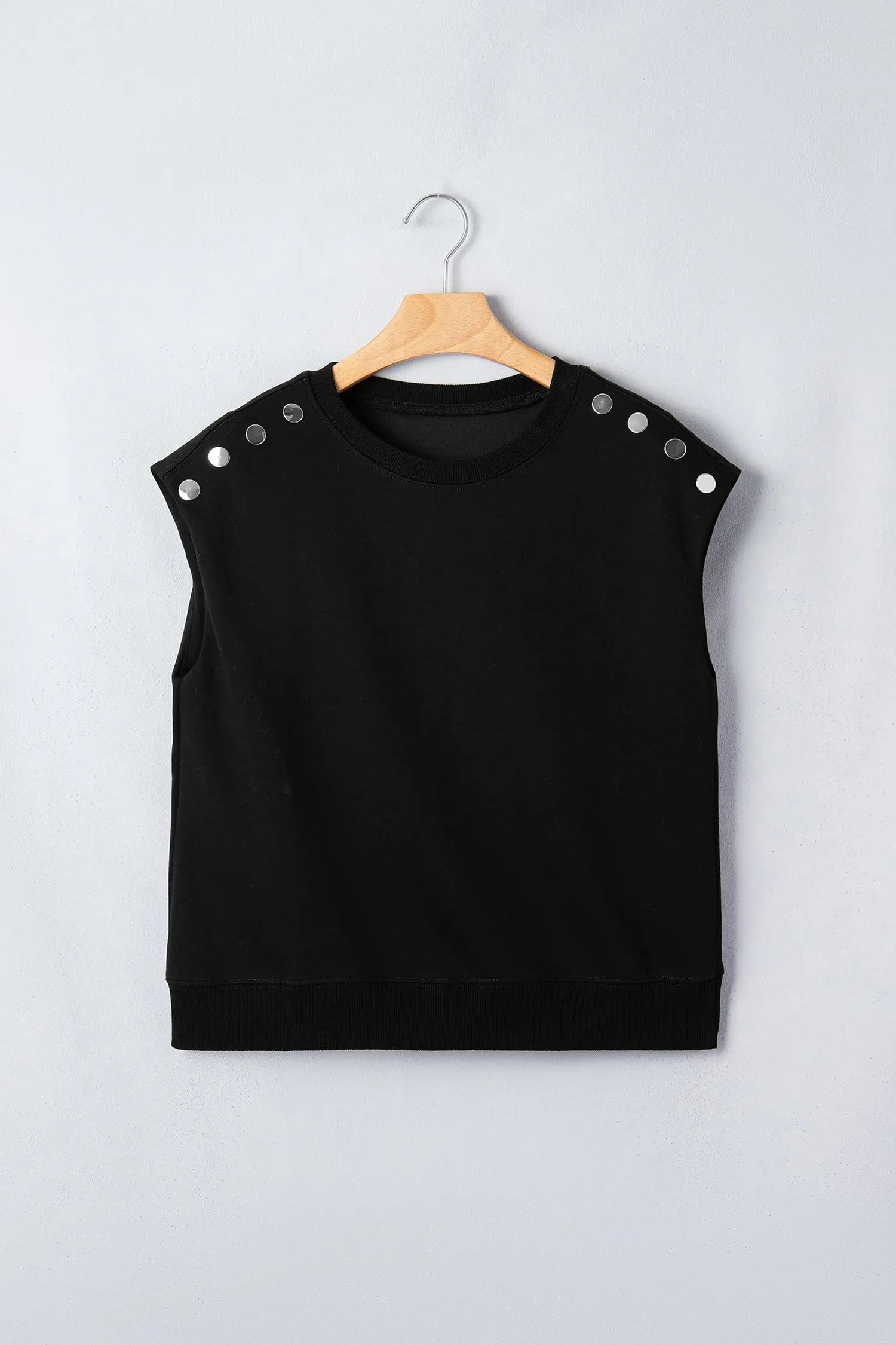 Black Casual Solid Short Sleeve Top with Metal Button Details Key Features - Tops