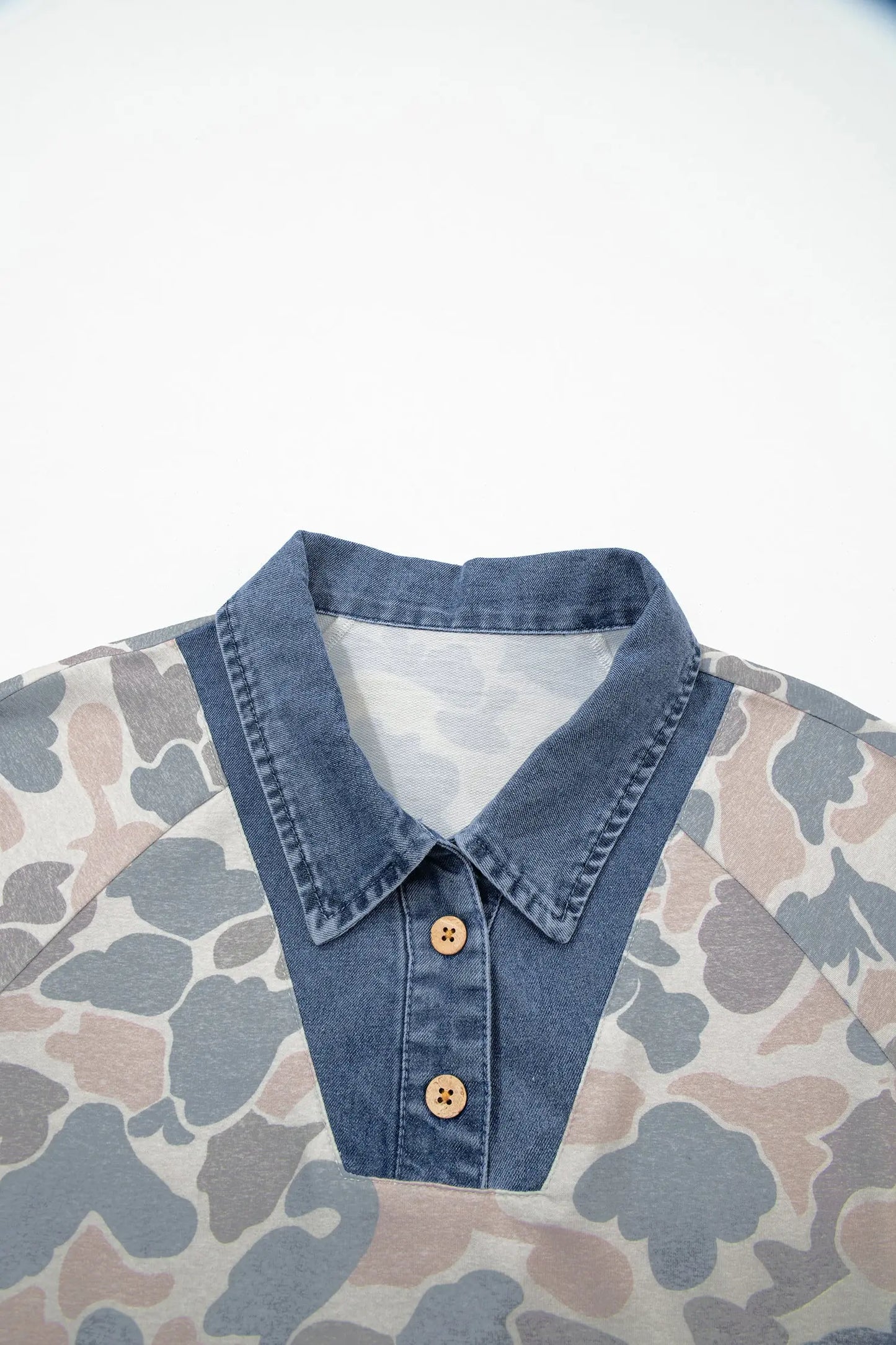 Multicolour Camouflage Print Denim Patchwork Polo Collar Tee