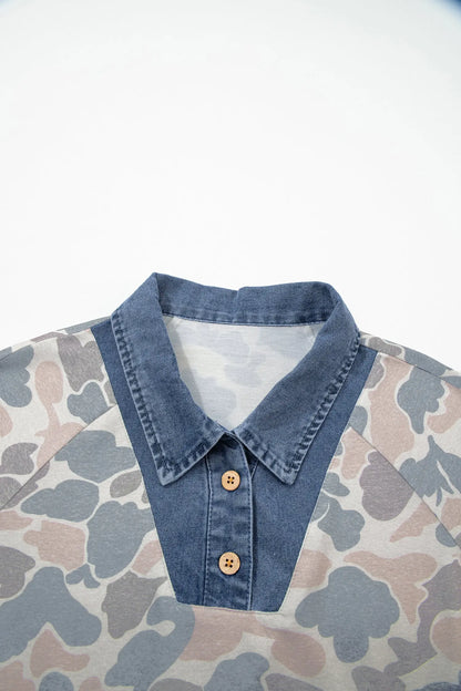Multicolour Camouflage Print Denim Patchwork Polo Collar Tee