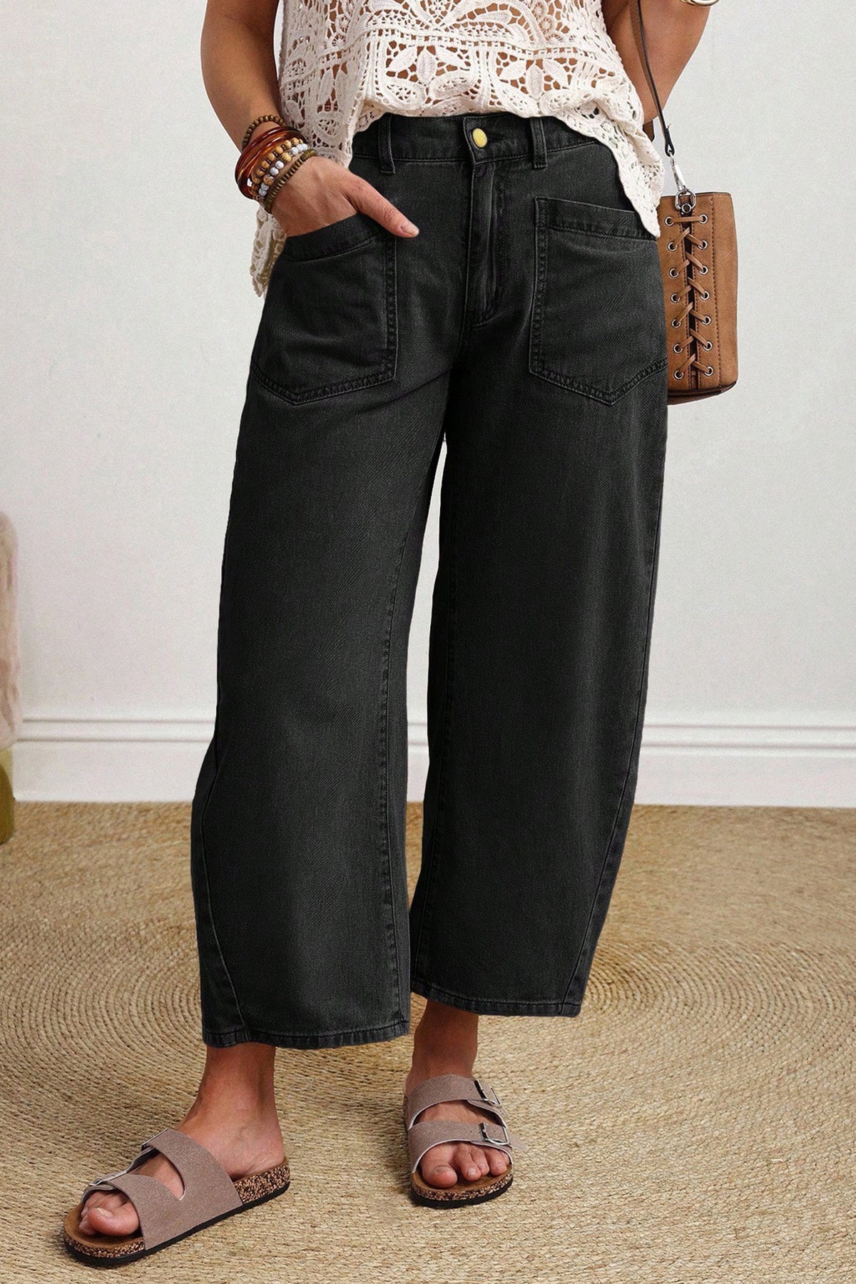 Solid Color Square Patch Pocket Ankle-length Barrel Jeans