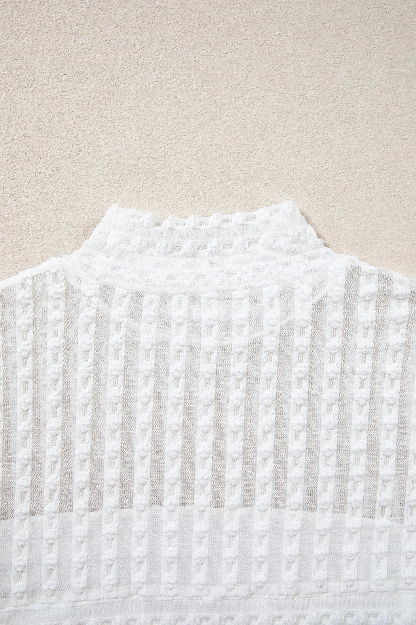 Beige Textured Sheer Lace High Neck Long Sleeve Top