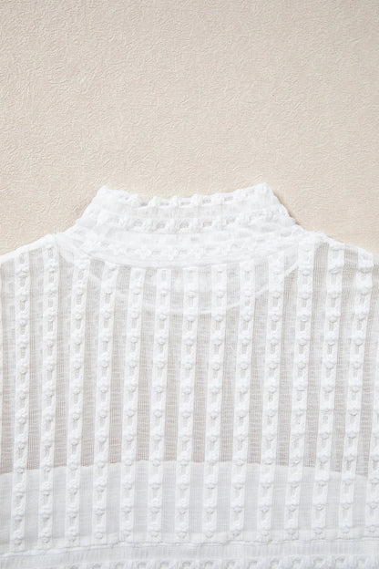 Beige Textured Sheer Lace High Neck Long Sleeve Top