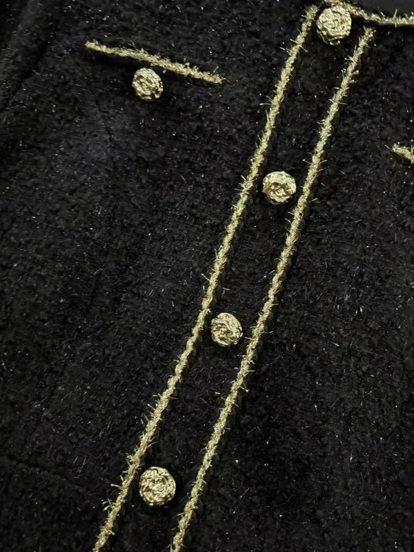 Gold-Trim Tweed Mini Dress with Button Front detail view