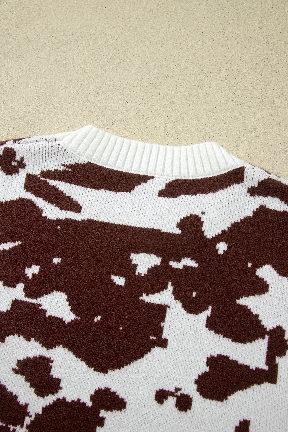 Brown Western Print Cow Pattern Long Sleeve Round Neck Pullover Knitwear Sweater