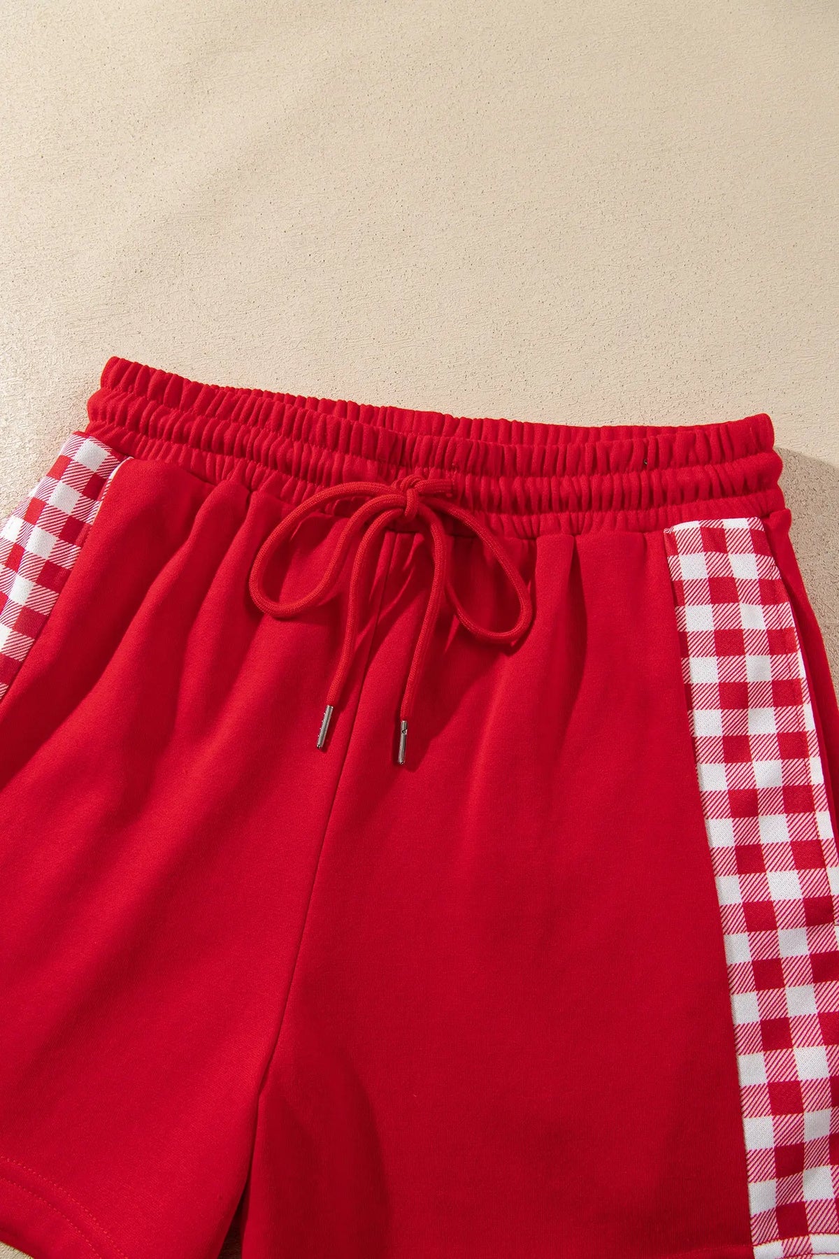 Bright Green Plaid Patchwork Half Zip Pullover Drawstring Short Set