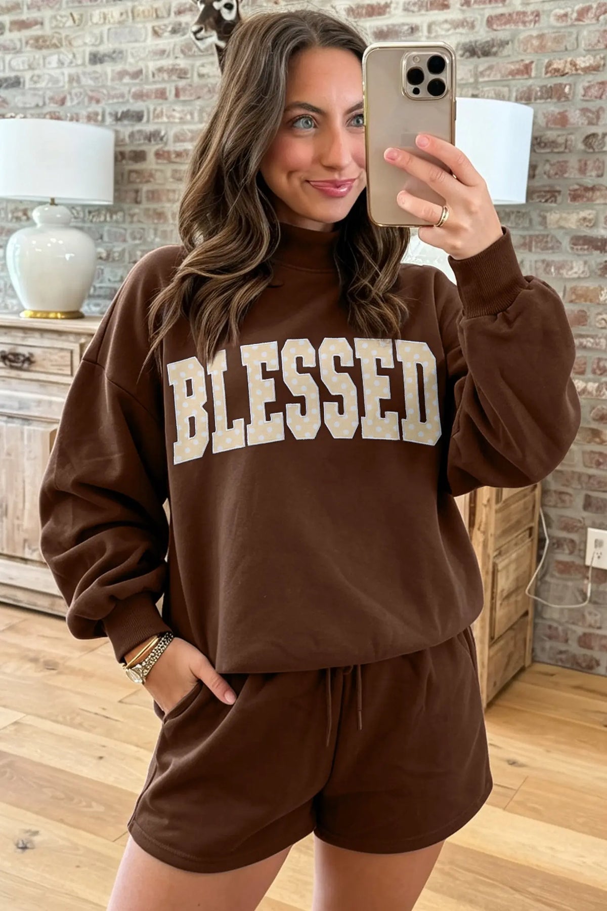 Coffee Christmas Slogan Print Mock Neck Pullover and Shorts Set model front view · nz-alt-v1