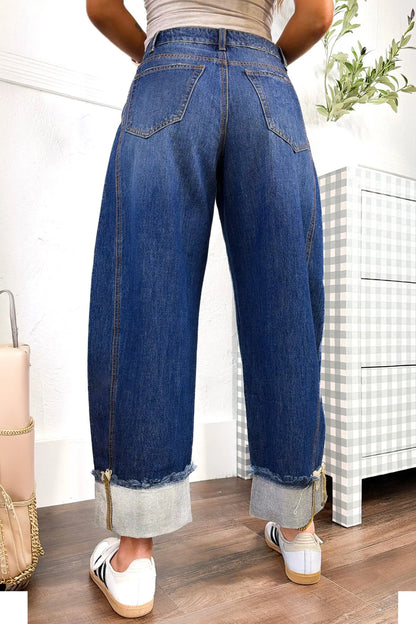 Sail Blue Raw Hem Turnup Loose Ankle-length Jeans