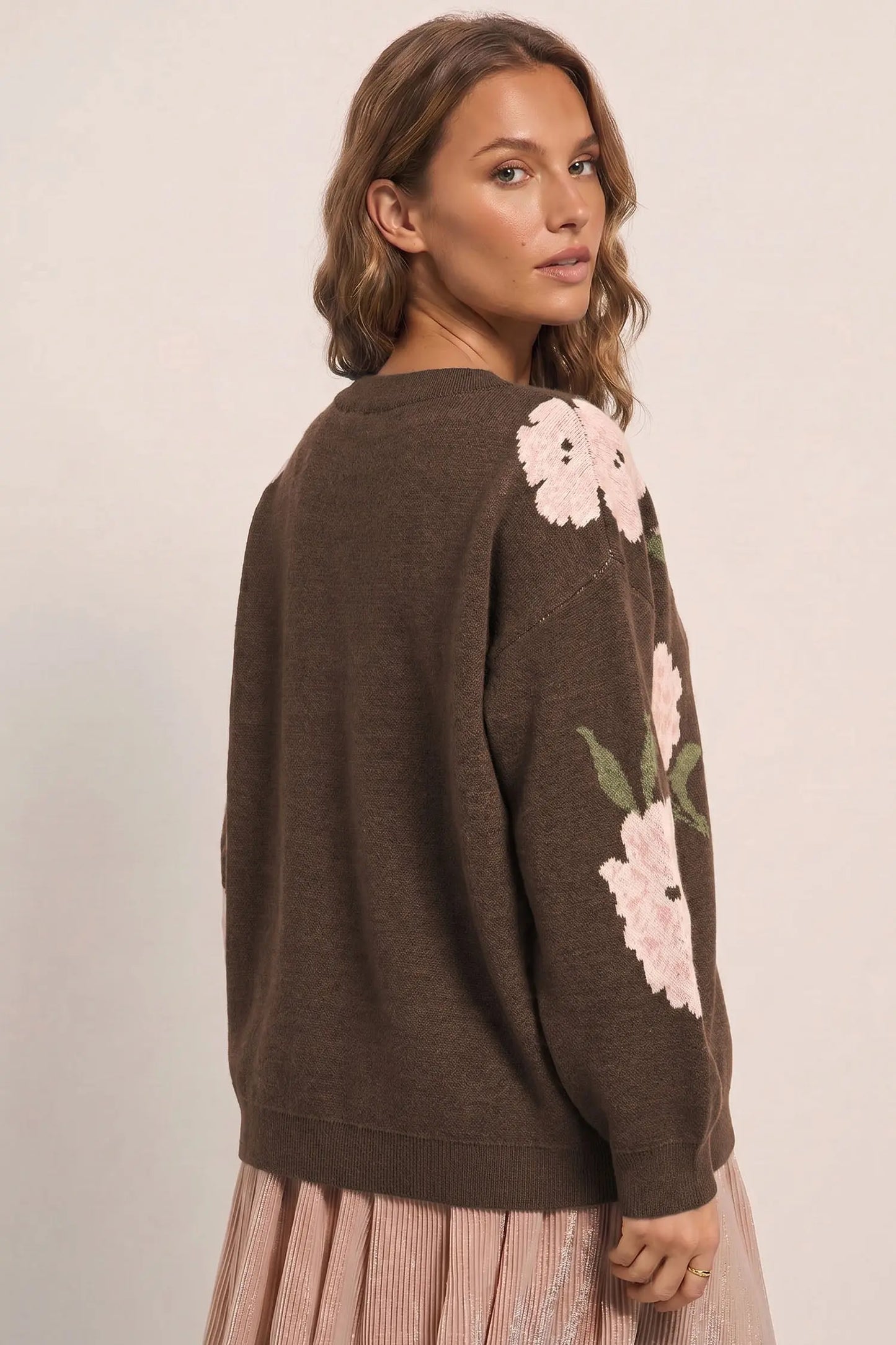 Dark Brown Floral Print Drop Shoulder Relaxed Pullover Sweater