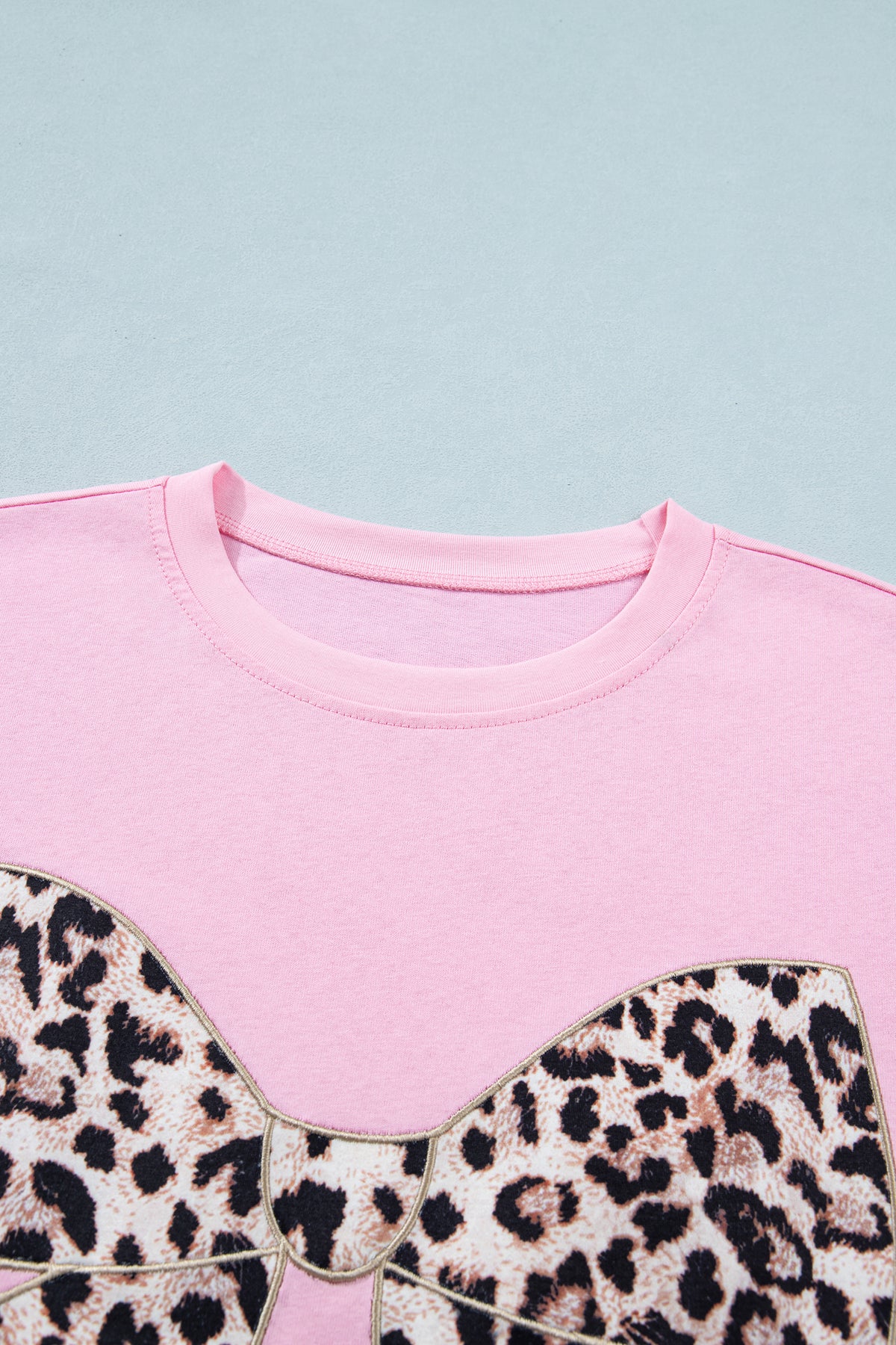 Leopard Bow Embroidered Cotton Round Neck T Shirt