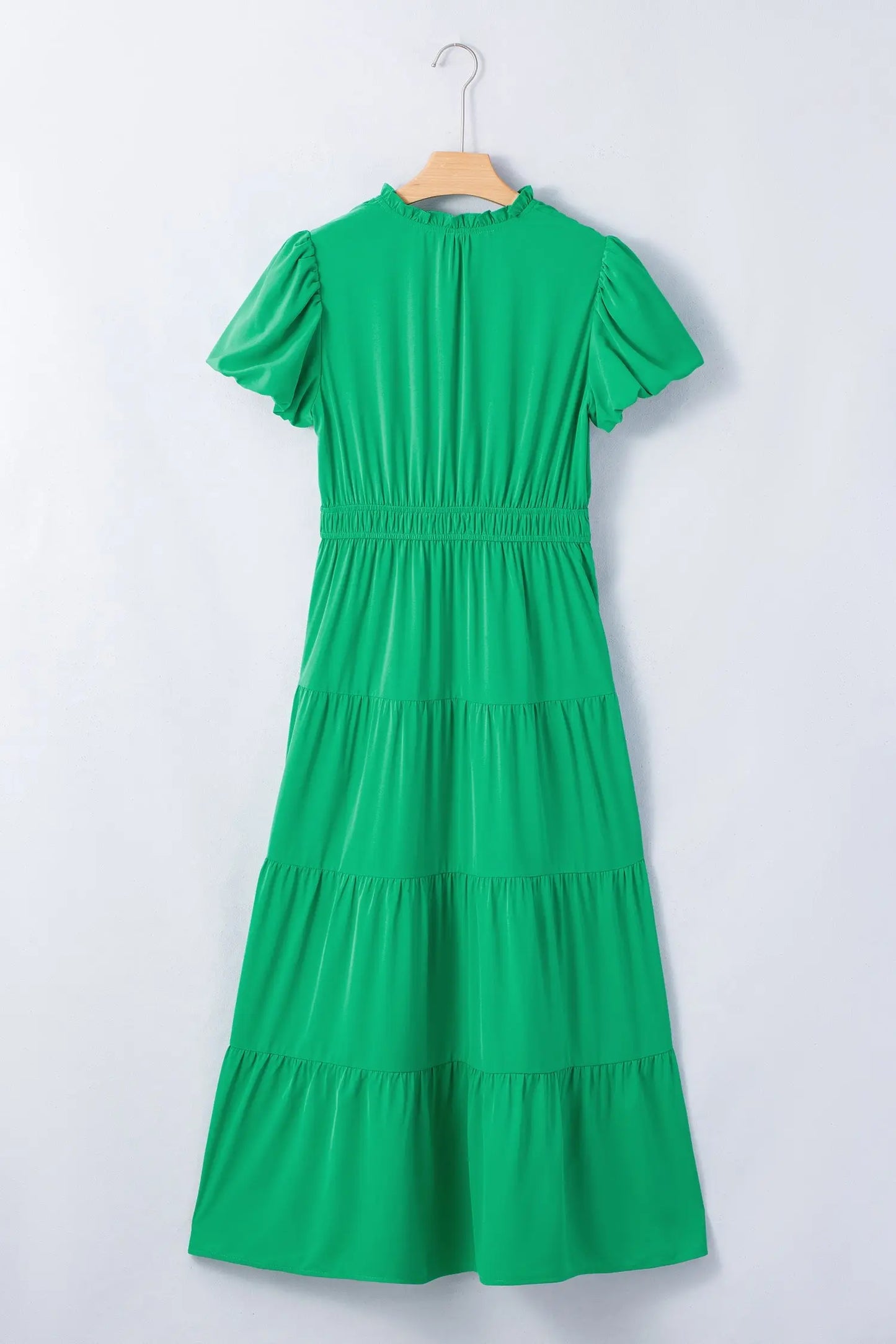 Bright Green Solid Color V Neck Short Puff Sleeve High Waist Tiered Maxi Dress - Casual Dresses