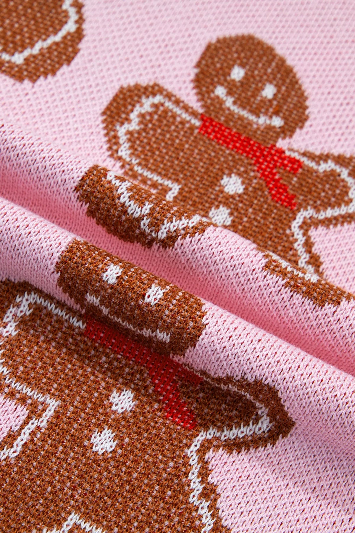 Pink Gingerbread Pattern Round Neck Long Sleeve Shift Sweater knit pattern detail view · nz-alt-v1
