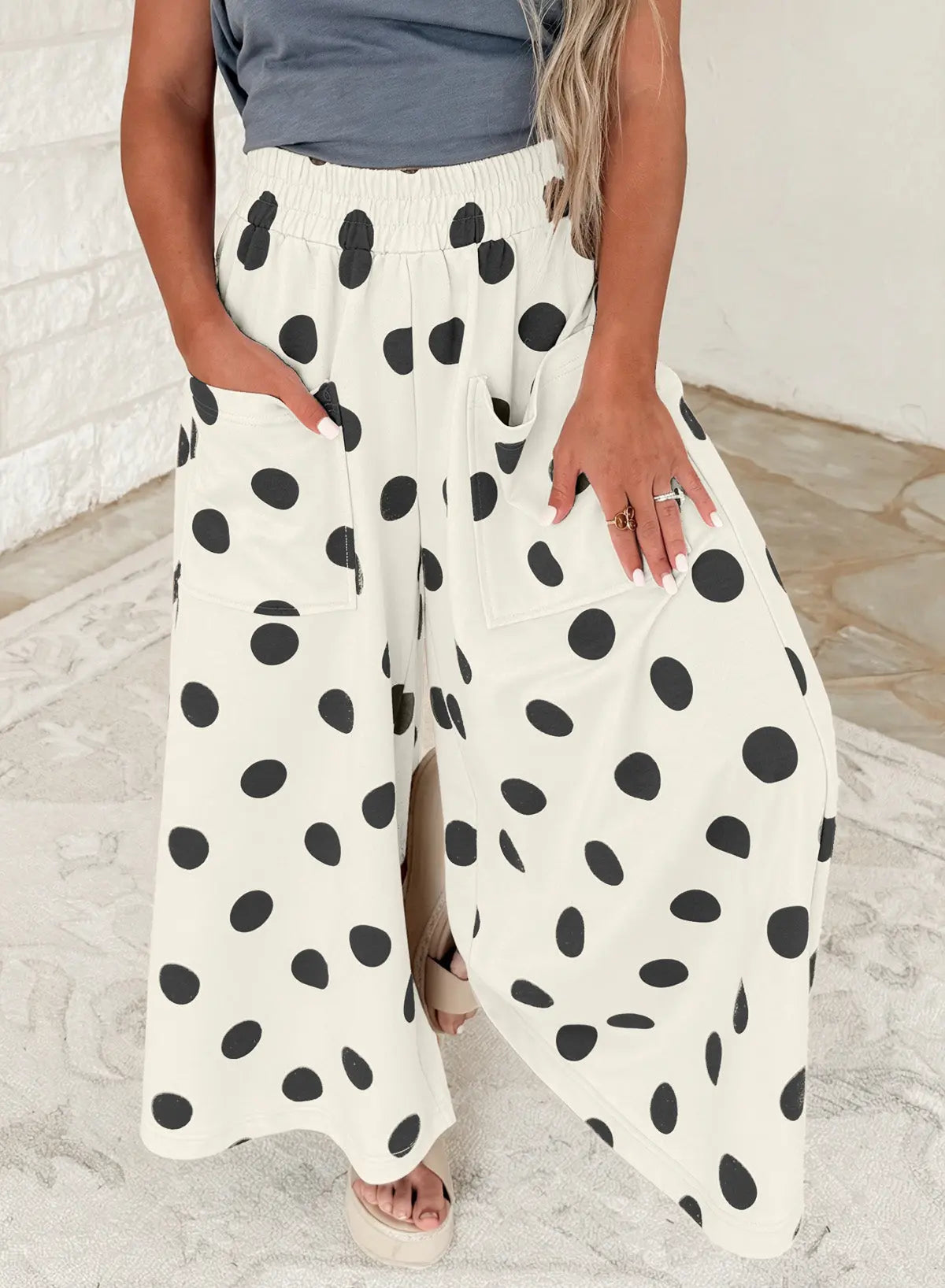 Brown Polka Dot Wide Leg Elastic Waist Casual Pants