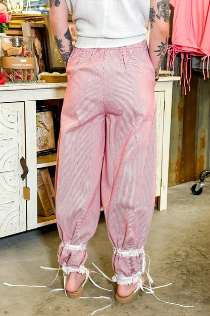 Red Stripe Contrast Lace Ribbon Tie Detail Wide Leg Pants Dear-Lover Dropshipping