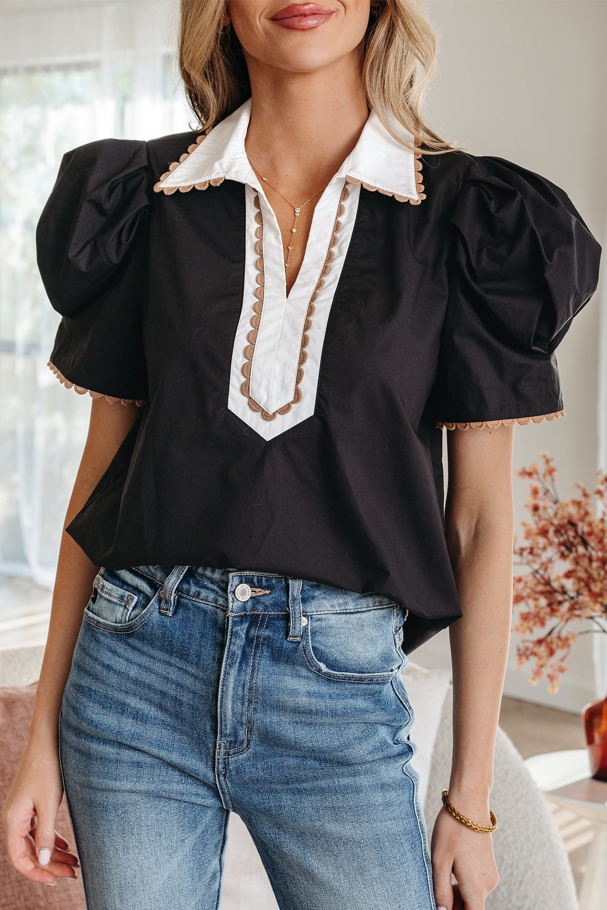 Cotton Black Ricrac Trim Color Block Patchwork Shirt Collar Short Sleeve Blouse