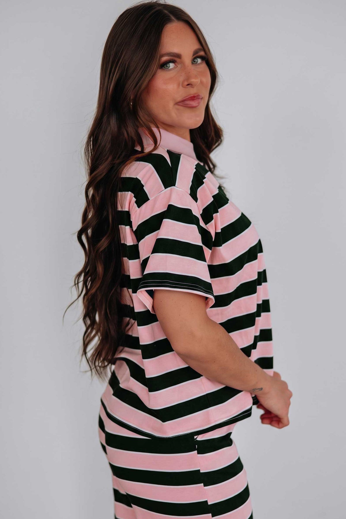 Pink Stripe Loose Tee and Pants Two Piece Set