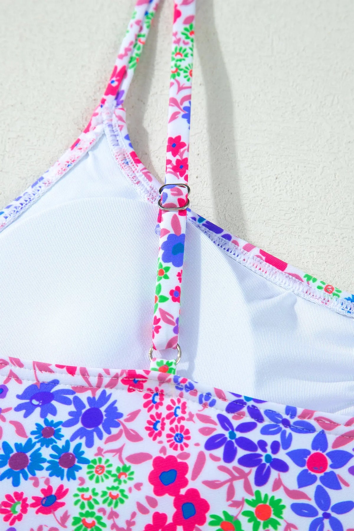 Purple Floral Print Lace Trim Spaghetti Strap Ruched Bikini High Waist Swimsuit