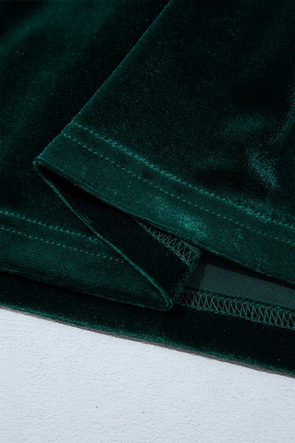 Blackish Green Leopard Trim Velvet Long Sleeve Shift Dress