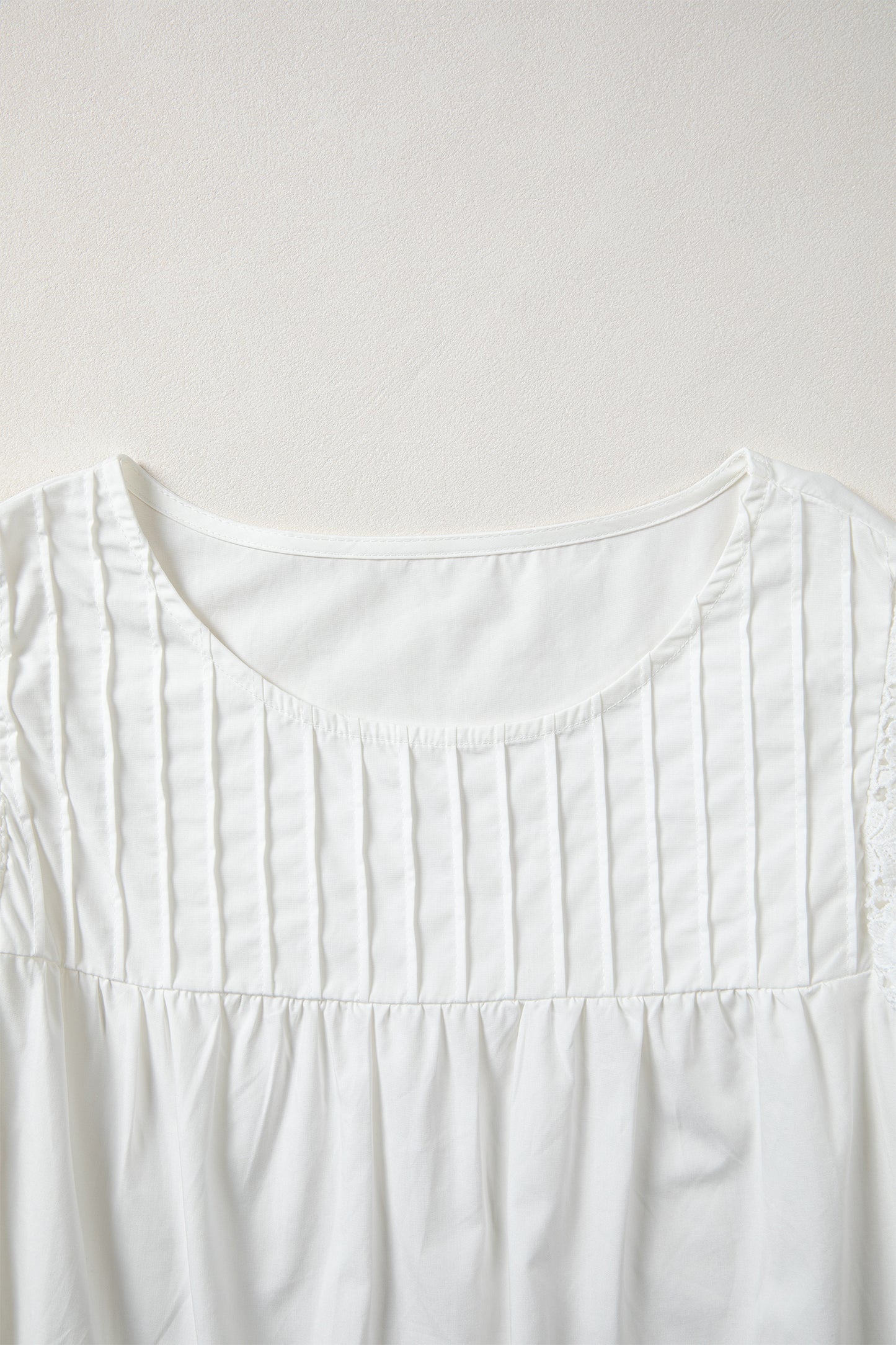 Bonbon Lace Detail Flutter Sleeve Pleated Round Neck Blouse