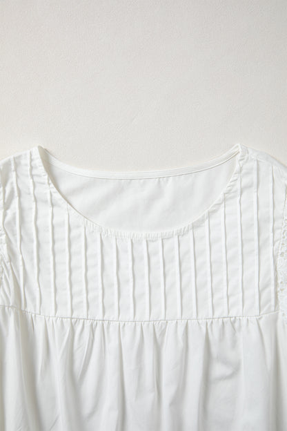 Bonbon Lace Detail Flutter Sleeve Pleated Round Neck Blouse