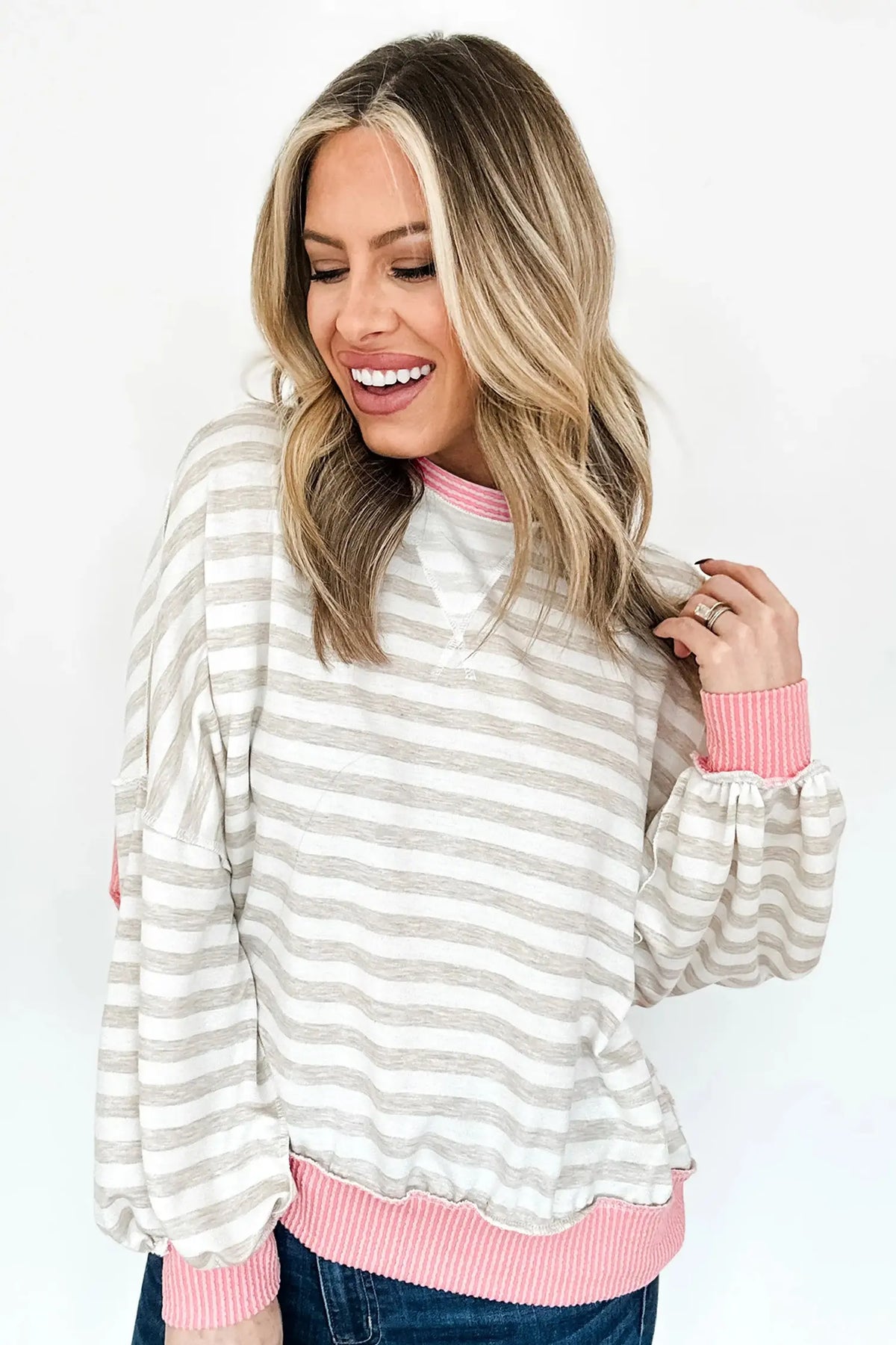 Pink Twisted Rib Trim Striped Round Neck Long Sleeve Top