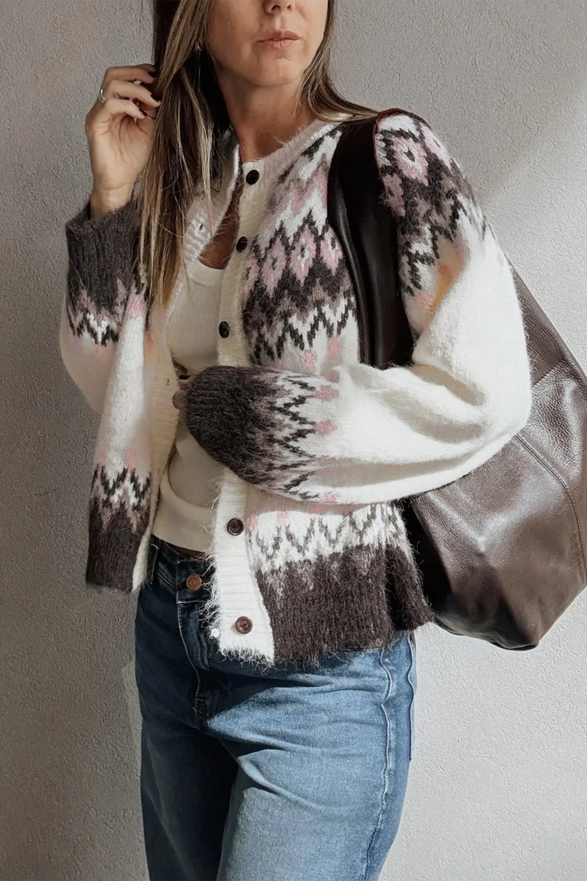 White Geometric Pattern Brushed Knit Button Cardigan model side view · nz-alt-v1