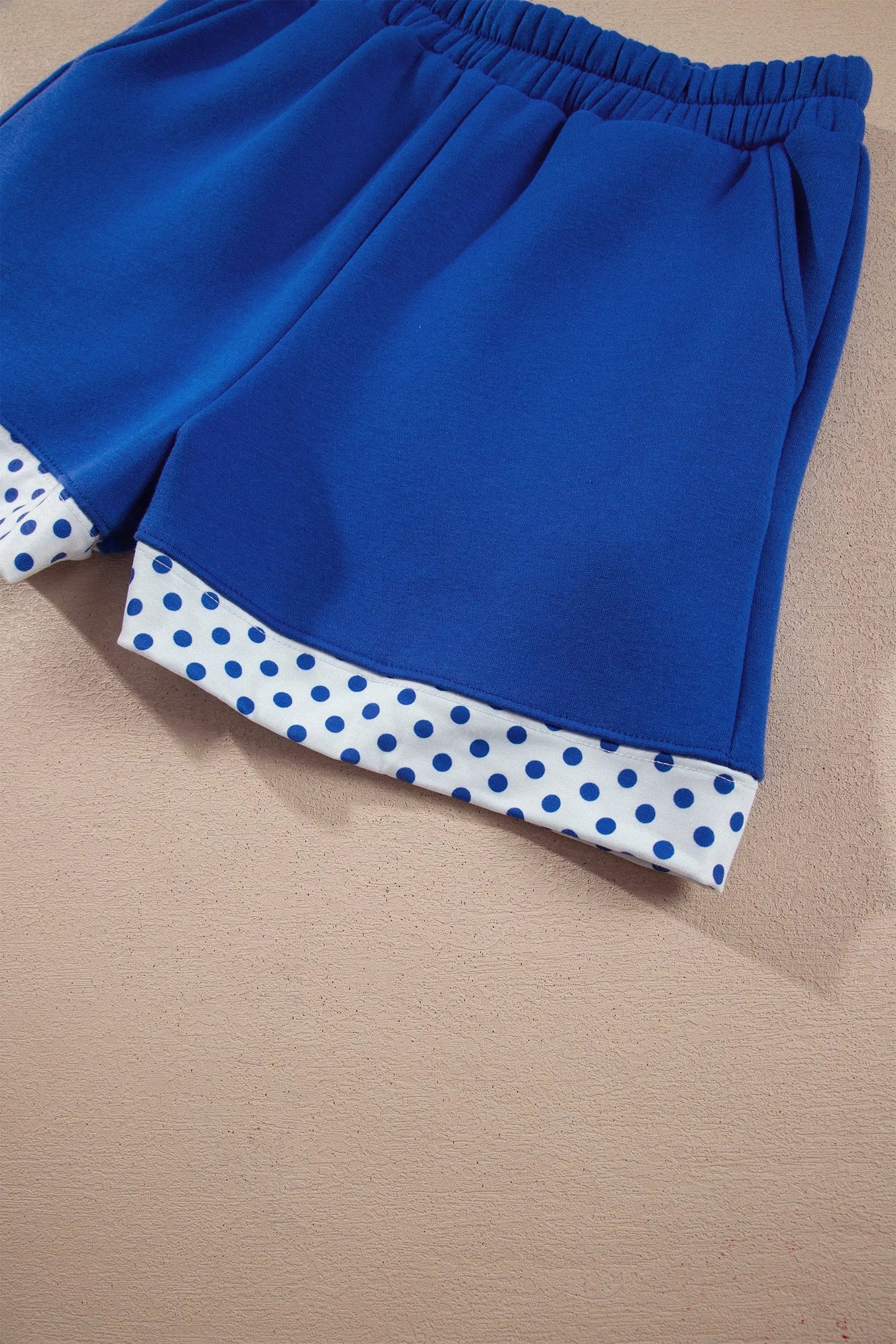 Dark Blue Polka Dot Trim Baggy Pullover 2pcs Short Set