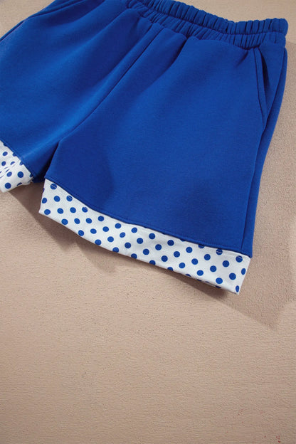 Dark Blue Polka Dot Trim Baggy Pullover 2pcs Short Set