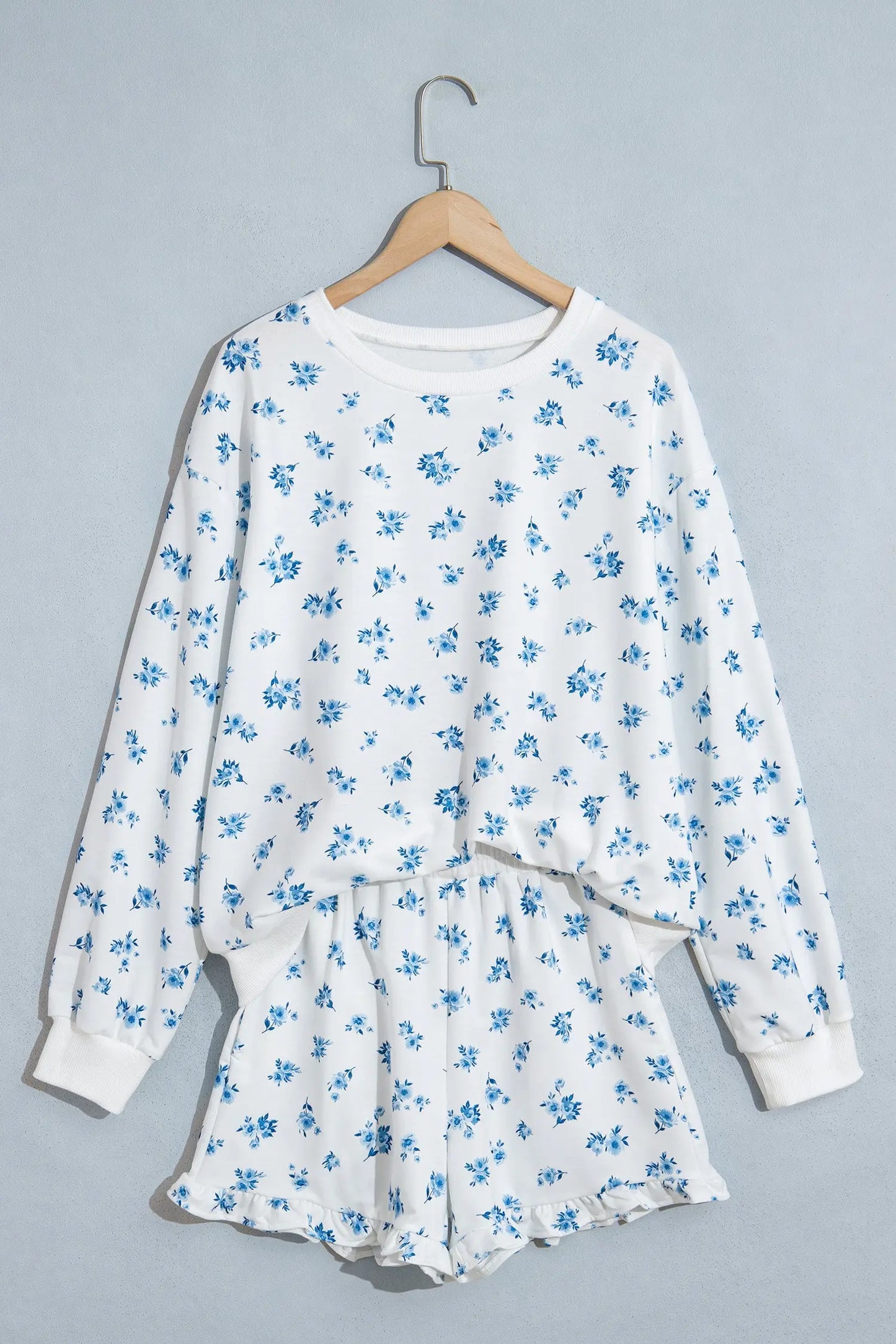 Sky Blue Floral Print Long Sleeve Top Elastic Waist Ruffle Hem Shorts 2pcs Set