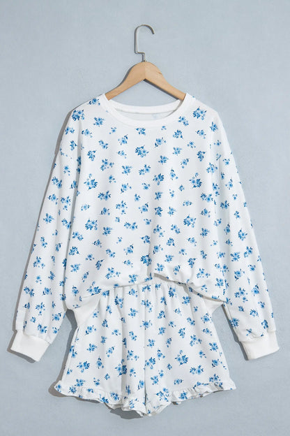 Sky Blue Floral Print Long Sleeve Top Elastic Waist Ruffle Hem Shorts 2pcs Set