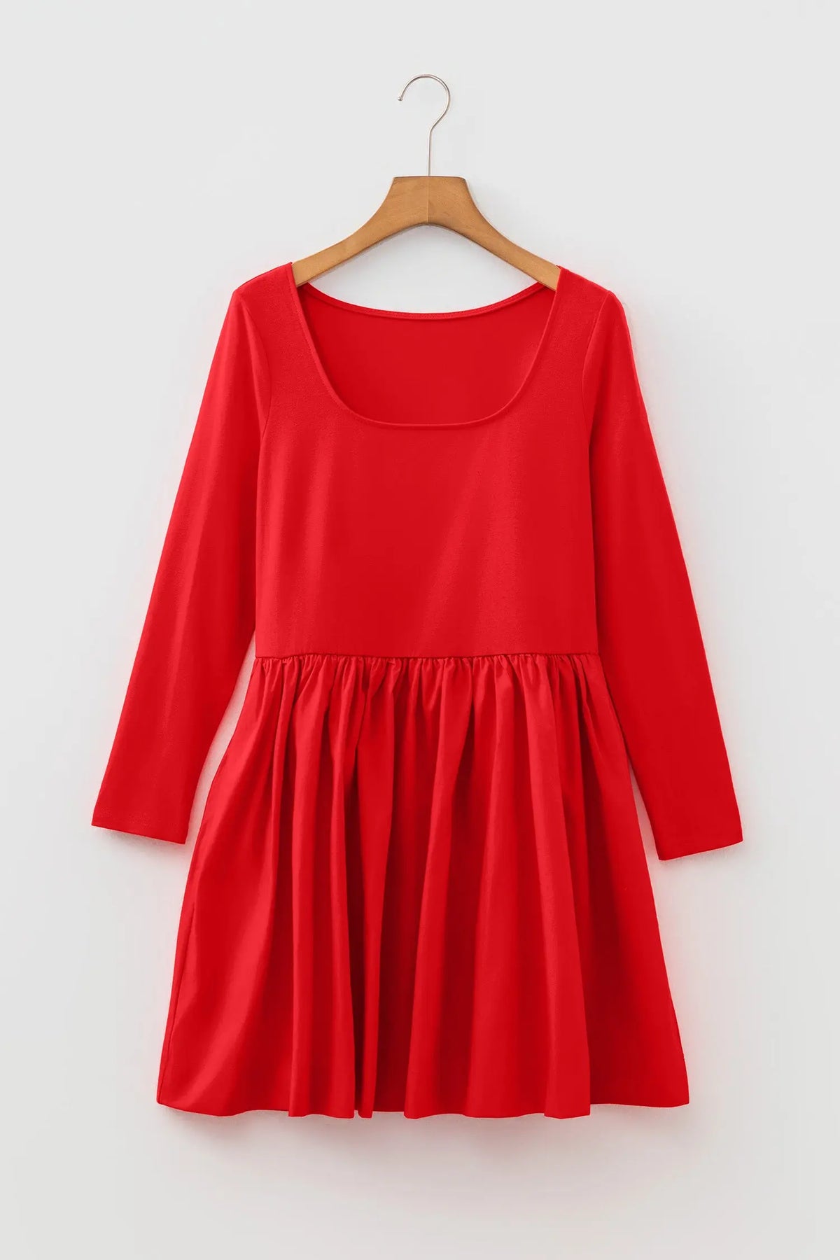 Fiery Red U Neck Long Sleeve Fit and Flare Short Dress hanging view · nz-alt-v1