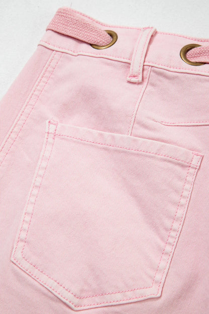 Yellow Solid Color Grommet Detail Knot Waist Barrel Jeans