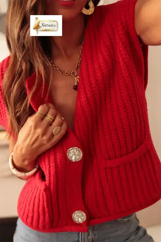 Fiery Red Solid Textured Knit Side Pockets Buttoned Sweater Vest Dear-Lover Dropshipping