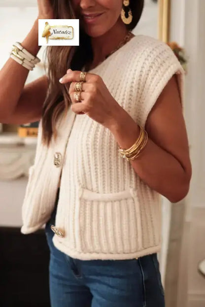 Fiery Red Solid Textured Knit Side Pockets Buttoned Sweater Vest Dear-Lover Dropshipping