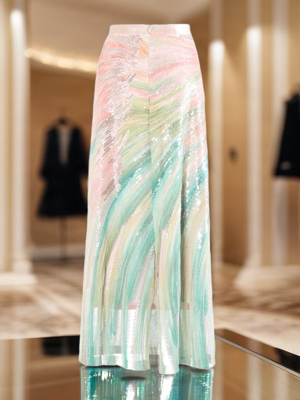 Sequin Brushstroke Maxi Skirt in Pastel Pink and Green flat lay view · nz-bg-v1