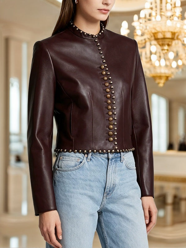 Studded Burgundy Cropped Leather Jacket model front view