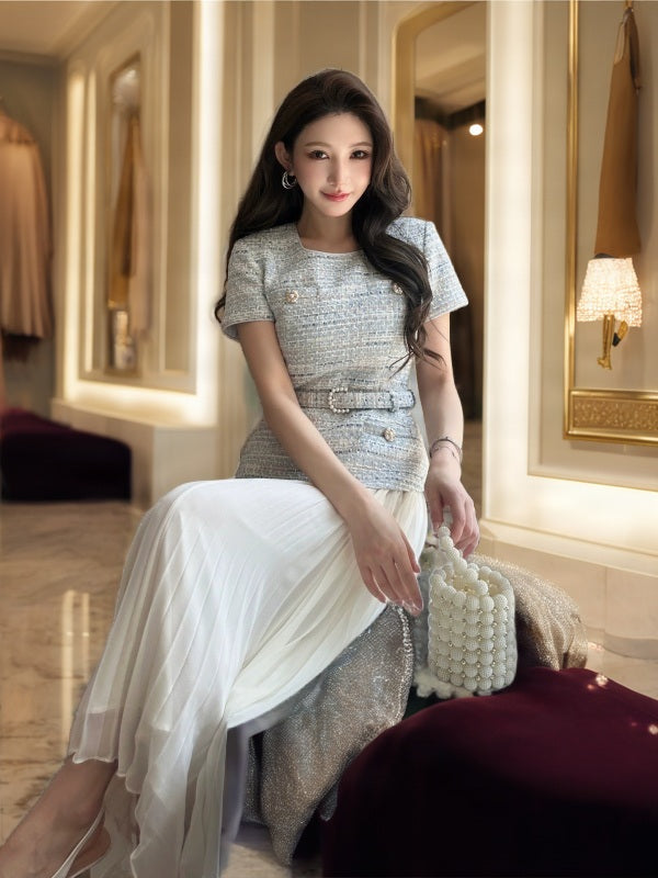 Belted Tweed Top & Pleated Maxi Skirt Set model front view · nz-bg-v1