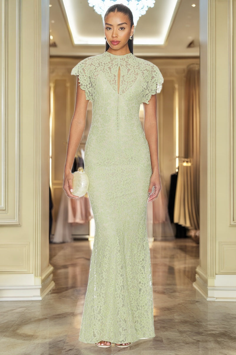 Floral Lace Flutter Sleeve Maxi Gown in Sage model front view · nz-bg-v1