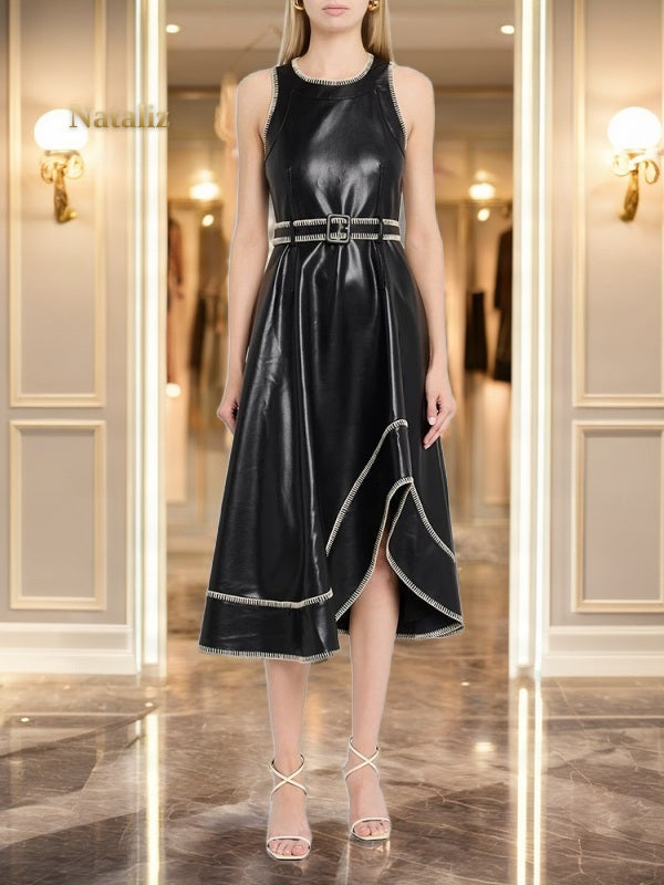 Contrast Whipstitch Belted Sleeveless Midi Dress model front view · nz-alt-v1
