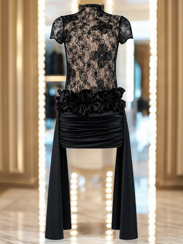 Sheer Lace Bodice High-Low Maxi Dress in Black flat lay view · nz-bg-v1