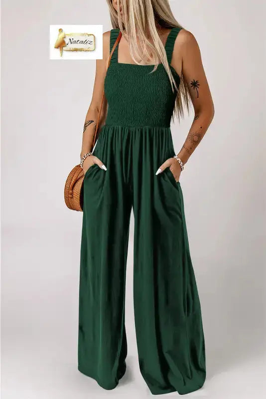 Ginger Smocked Sleeveless Wide Leg Jumpsuit with Pockets Dear-Lover Dropshipping